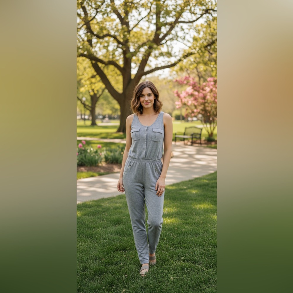 Zara Women’s Light Gray Sleeveless Jumpsuit with Front Pockets, Size Small
